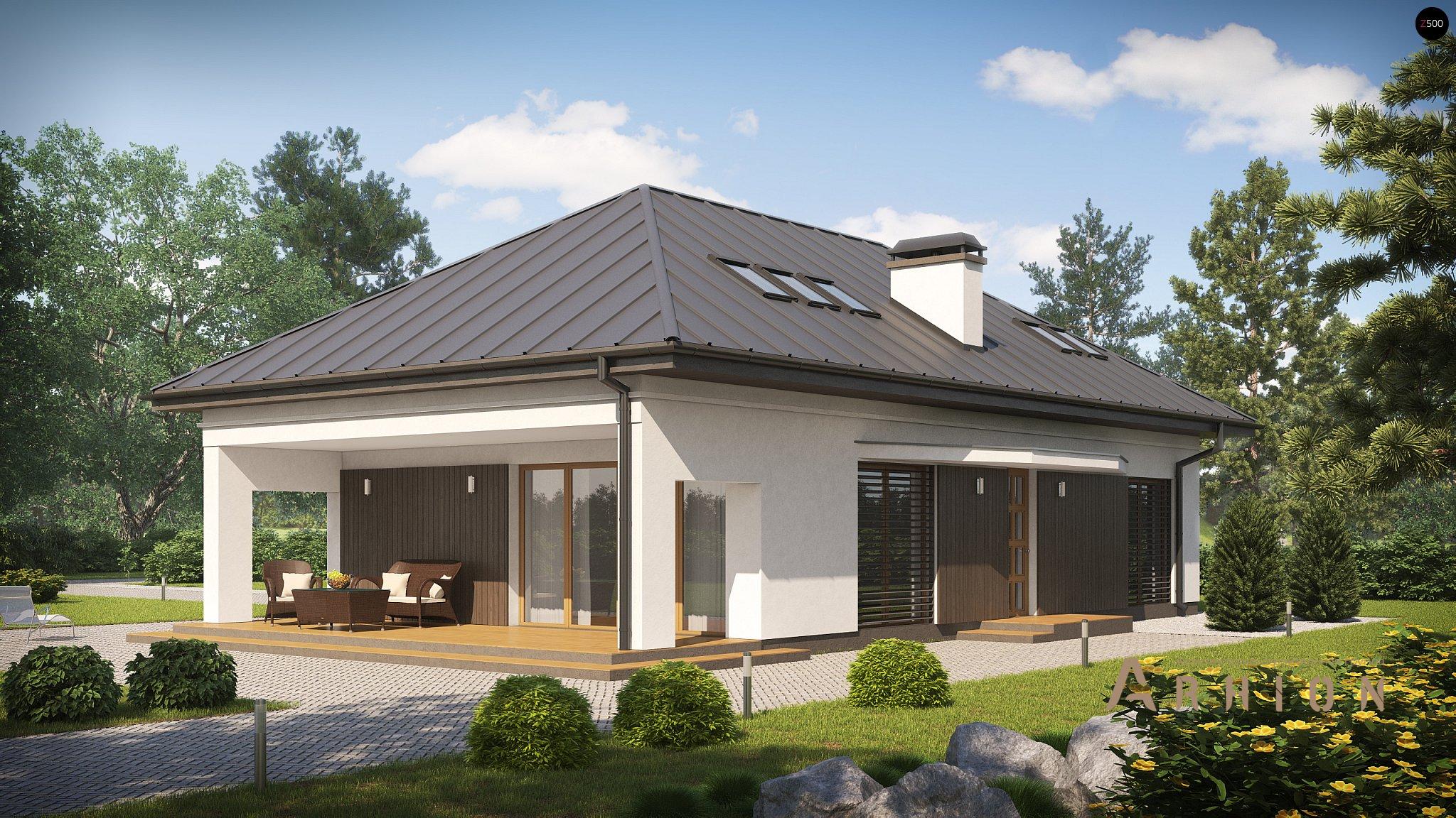 1. Проект одноэтажного дома в современном стиле с четырехскатной, Z85 C, площадью - 195 кв c мансардой, терассой